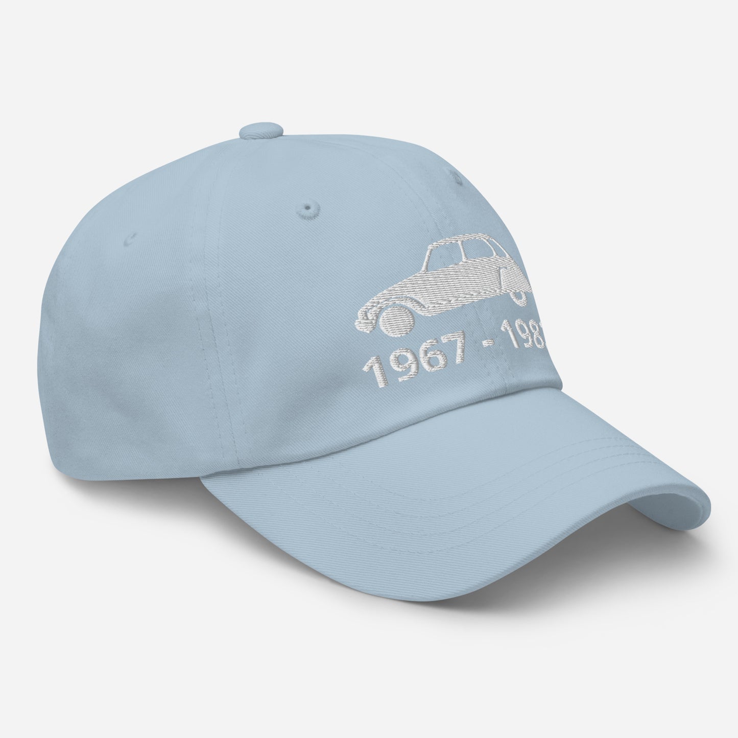 Embroidered Citroën Dyane cap with production period available in Black, Red, Grey, Khaki, L.Blue or White