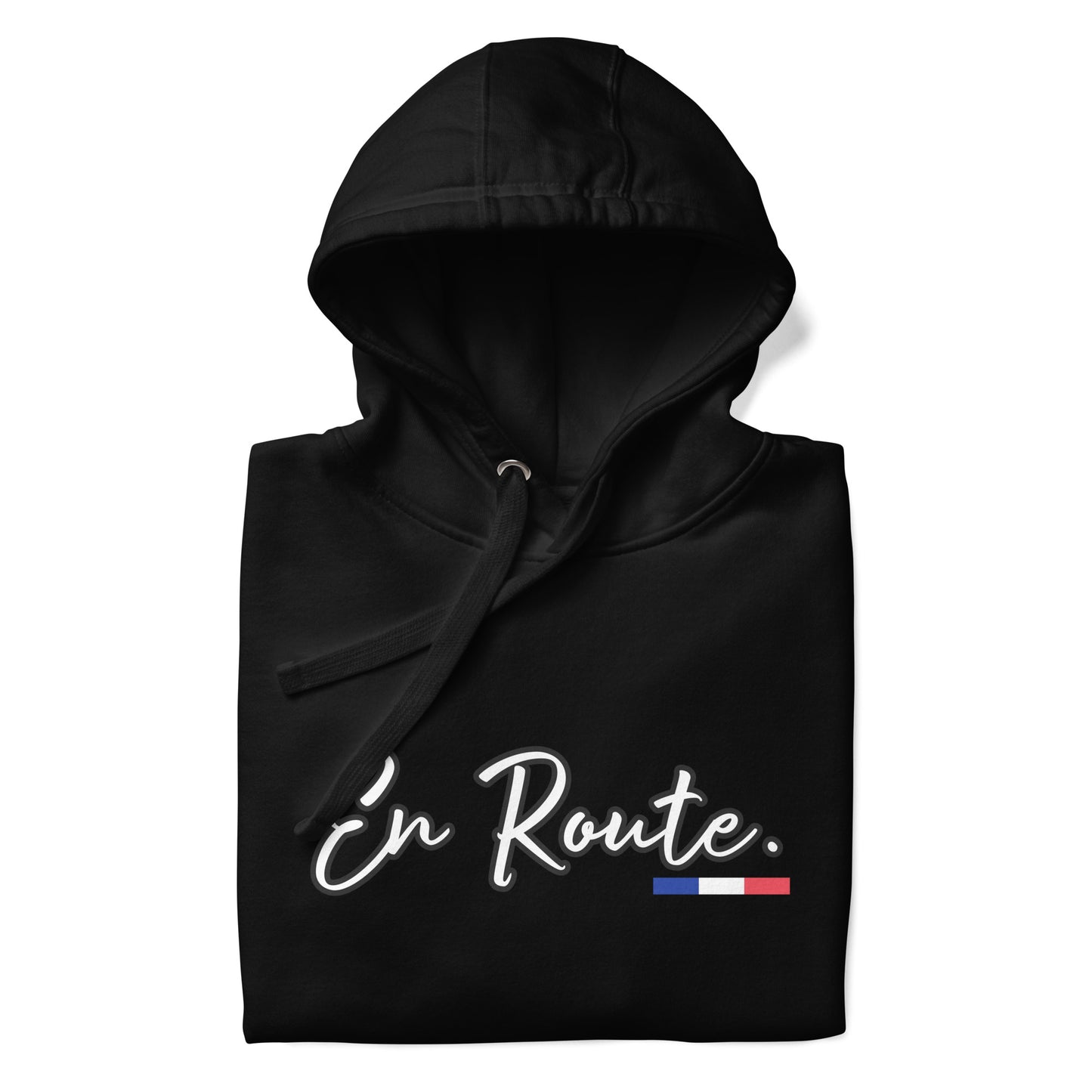 Sweat à capuche unisexe En Route Premium avec 3 couleurs françaises disponible en noir, bleu marine, bleu, gris ou blanc