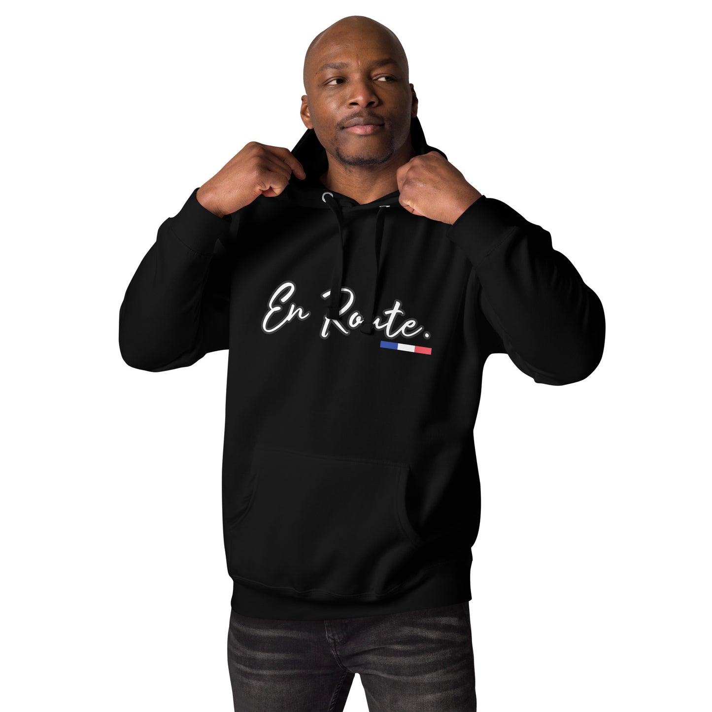 Sweat à capuche unisexe En Route Premium avec 3 couleurs françaises disponible en noir, bleu marine, bleu, gris ou blanc