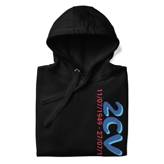 Hoodie with the production period of the Citroën 2cv available in Black, Navy, Gray or White