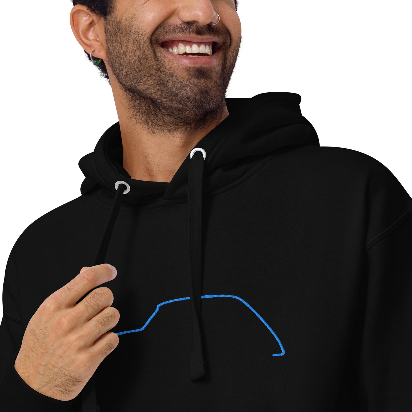 Premium Hoodie Citroën Dyane Silhouette – Minimalist Line Art with Blue Embroidery