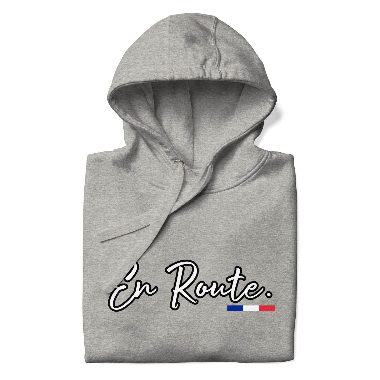 Sweat à capuche unisexe En Route Premium avec 3 couleurs françaises disponible en noir, bleu marine, bleu, gris ou blanc