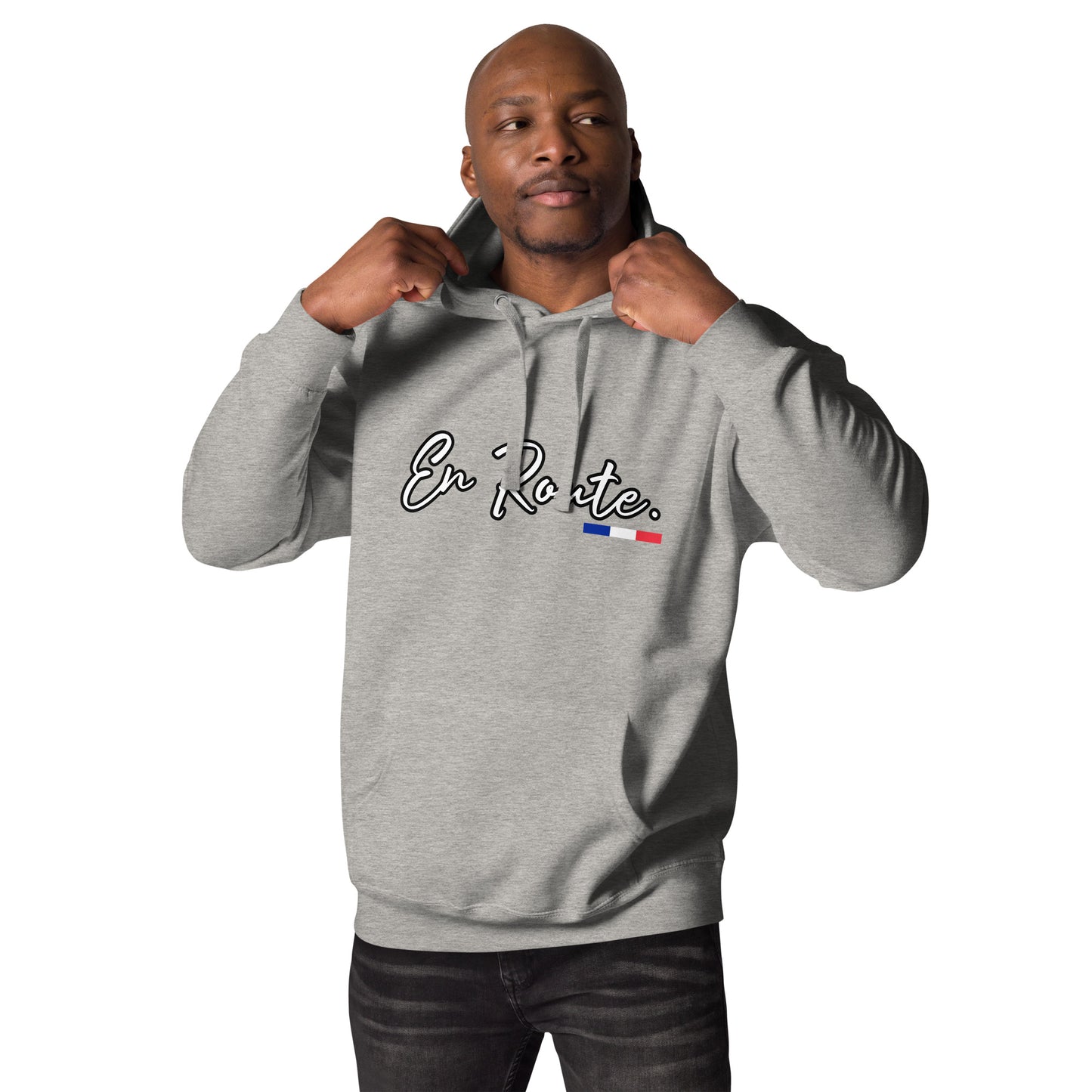 Sweat à capuche unisexe En Route Premium avec 3 couleurs françaises disponible en noir, bleu marine, bleu, gris ou blanc