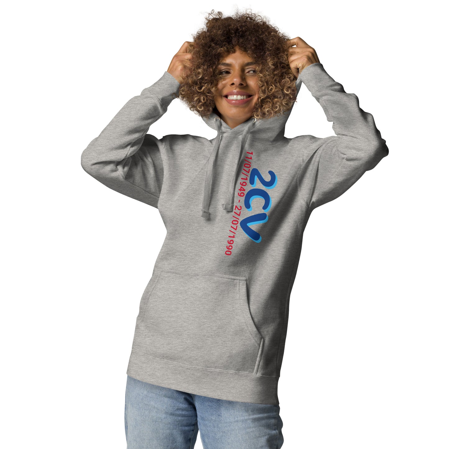 Hoodie with the production period of the Citroën 2cv available in Black, Navy, Gray or White