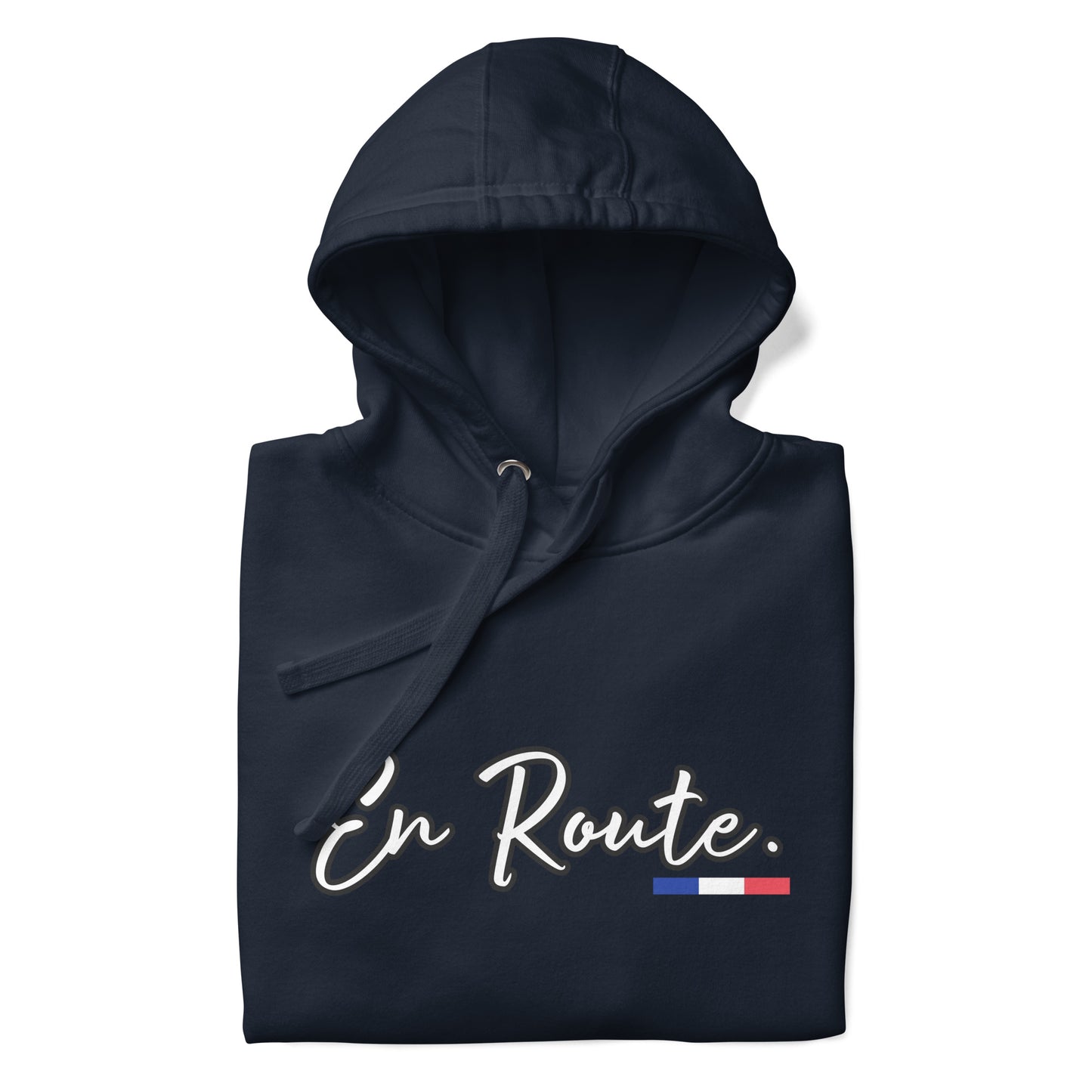 Sweat à capuche unisexe En Route Premium avec 3 couleurs françaises disponible en noir, bleu marine, bleu, gris ou blanc