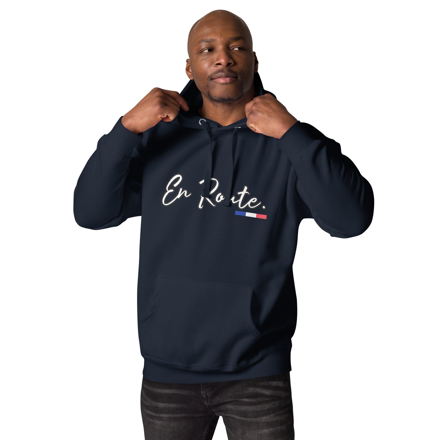 Sweat à capuche unisexe En Route Premium avec 3 couleurs françaises disponible en noir, bleu marine, bleu, gris ou blanc