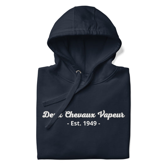"Deux Chevaux Vapeur" Hoodie – est. 1949 verkrijgbaar in Zwart, Navy, Grijs en Wit