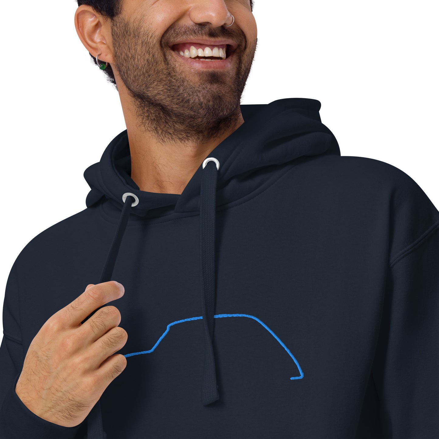 Premium Hoodie Citroën Dyane Silhouette – Minimalist Line Art with Blue Embroidery