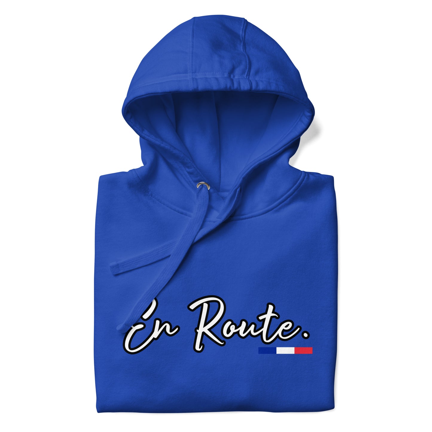 Sweat à capuche unisexe En Route Premium avec 3 couleurs françaises disponible en noir, bleu marine, bleu, gris ou blanc