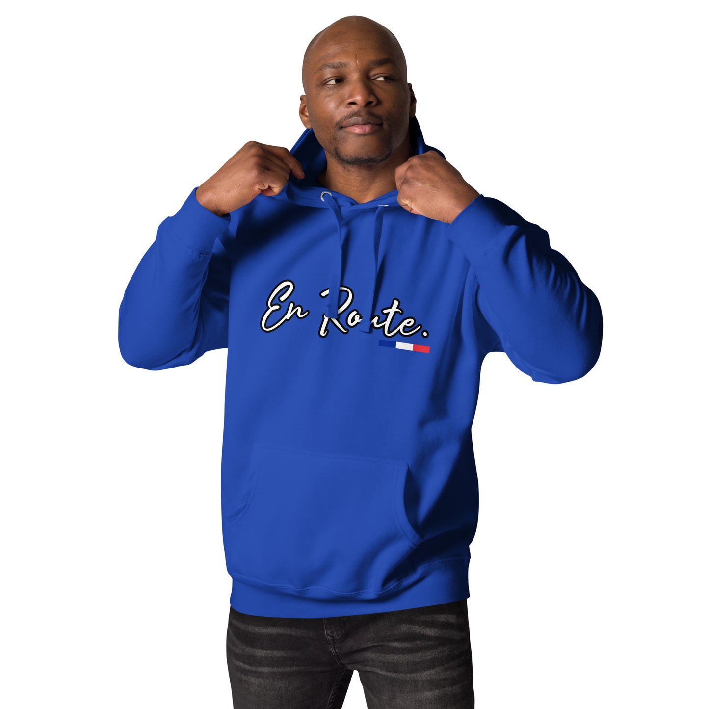 Sweat à capuche unisexe En Route Premium avec 3 couleurs françaises disponible en noir, bleu marine, bleu, gris ou blanc