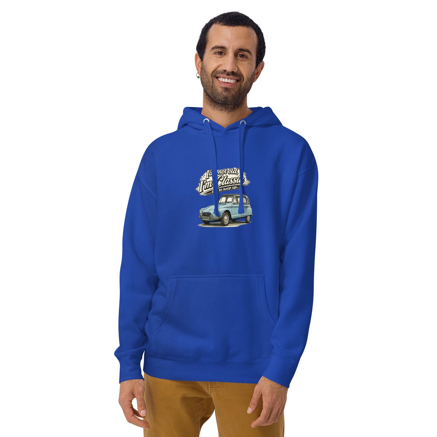 Sweat à capuche premium Classic Collection – Illustration Citroën Dyane – « Je ne suis pas vieux, je suis classique »