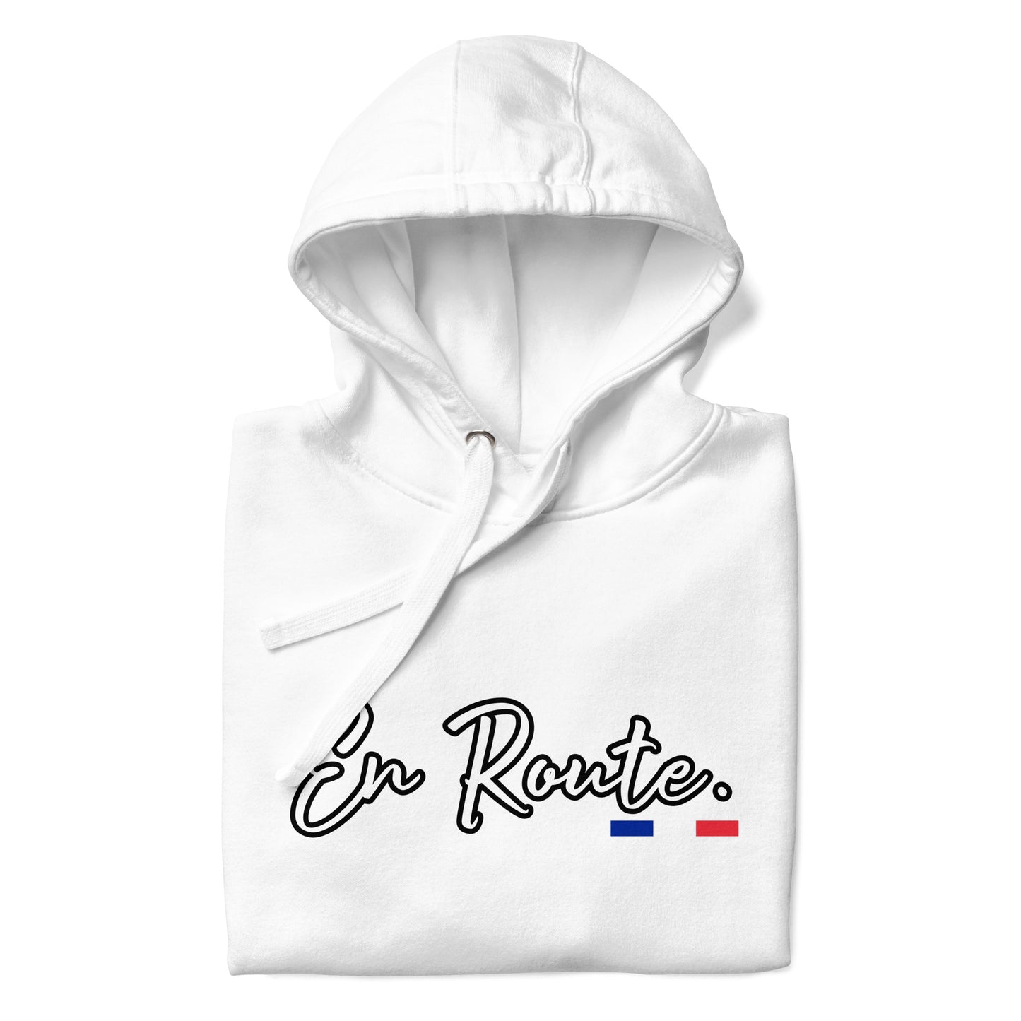 Sweat à capuche unisexe En Route Premium avec 3 couleurs françaises disponible en noir, bleu marine, bleu, gris ou blanc