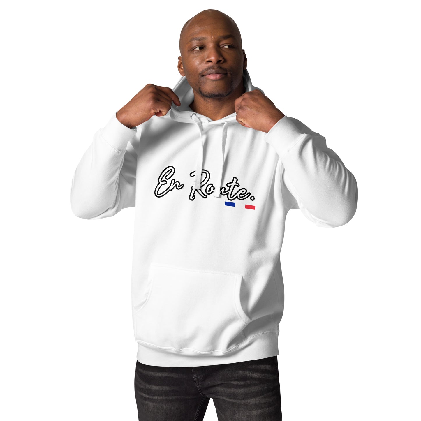 Sweat à capuche unisexe En Route Premium avec 3 couleurs françaises disponible en noir, bleu marine, bleu, gris ou blanc