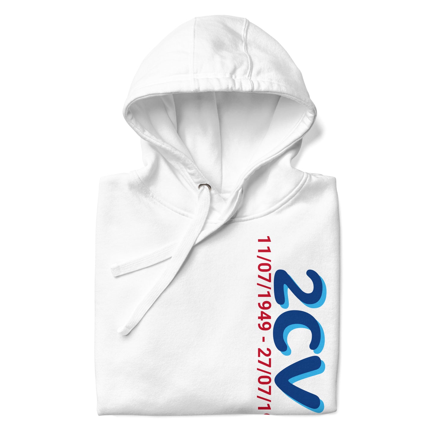Hoodie with the production period of the Citroën 2cv available in Black, Navy, Gray or White