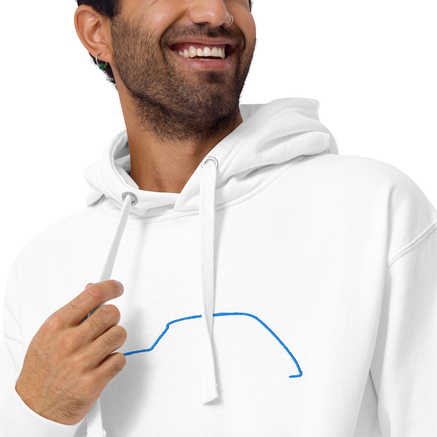 Premium Hoodie Citroën Dyane Silhouette – Minimalist Line Art with Blue Embroidery