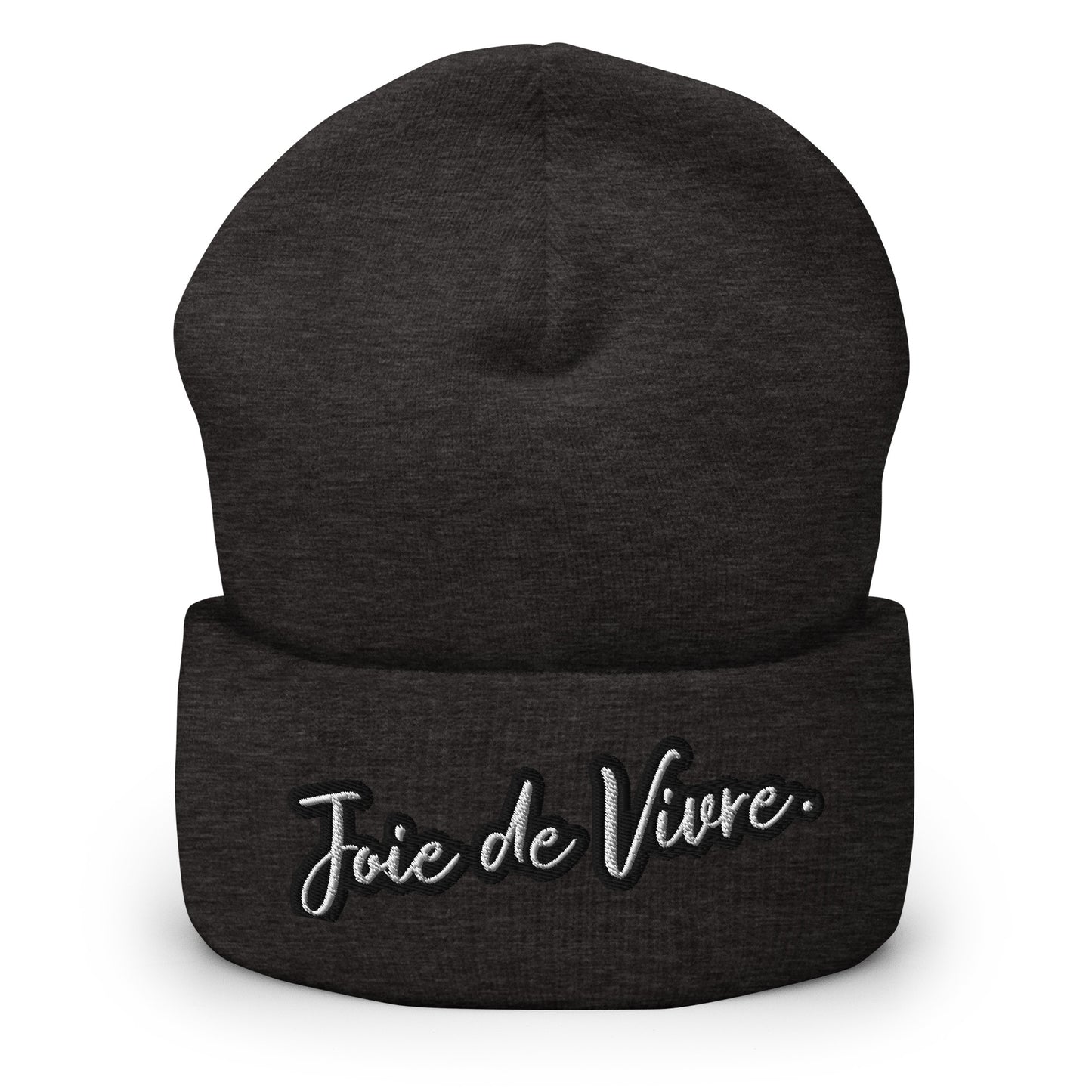 Joie de Vivre Beanie geborduurd met omgeslagen rand verkrijgbaar in Zwart, Navy, Antraciet, Blauw, Rood of Grijs