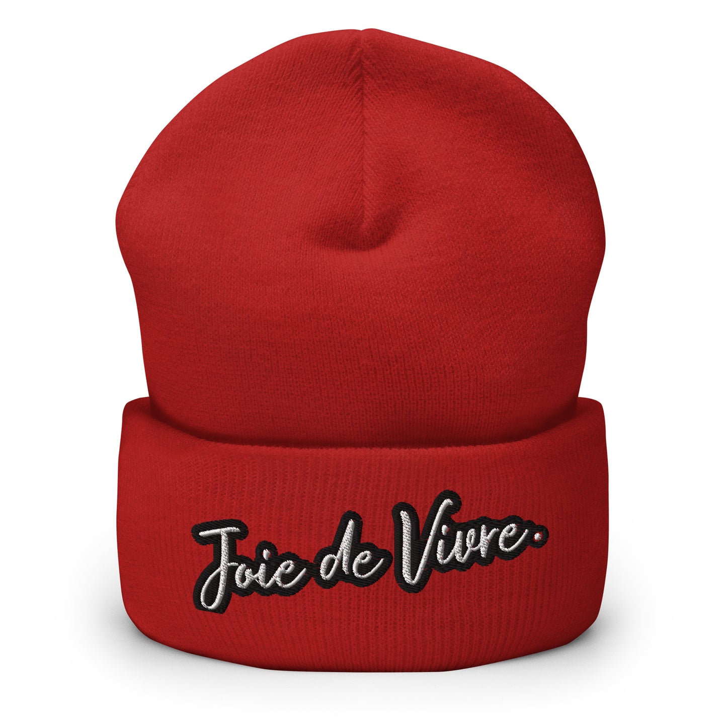 Joie de Vivre Beanie geborduurd met omgeslagen rand verkrijgbaar in Zwart, Navy, Antraciet, Blauw, Rood of Grijs