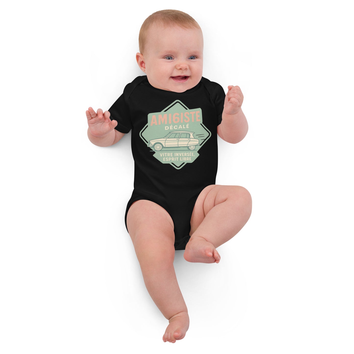 Organic Baby Romper – Citroën Ami 6 “Amigiste Décalé – Vitre Inversé, Esprit Libre”