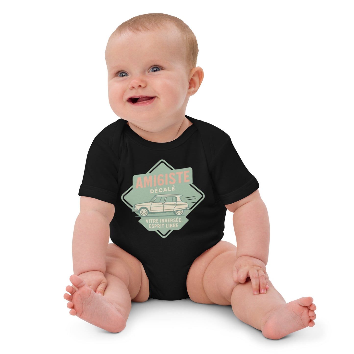 Organic Baby Romper – Citroën Ami 6 “Amigiste Décalé – Vitre Inversé, Esprit Libre”