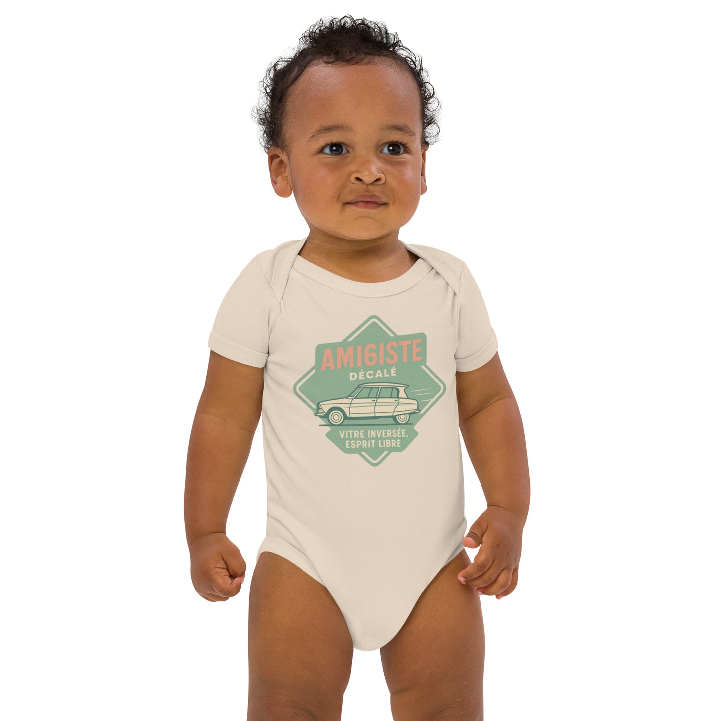 Organic Baby Romper – Citroën Ami 6 “Amigiste Décalé – Vitre Inversé, Esprit Libre”