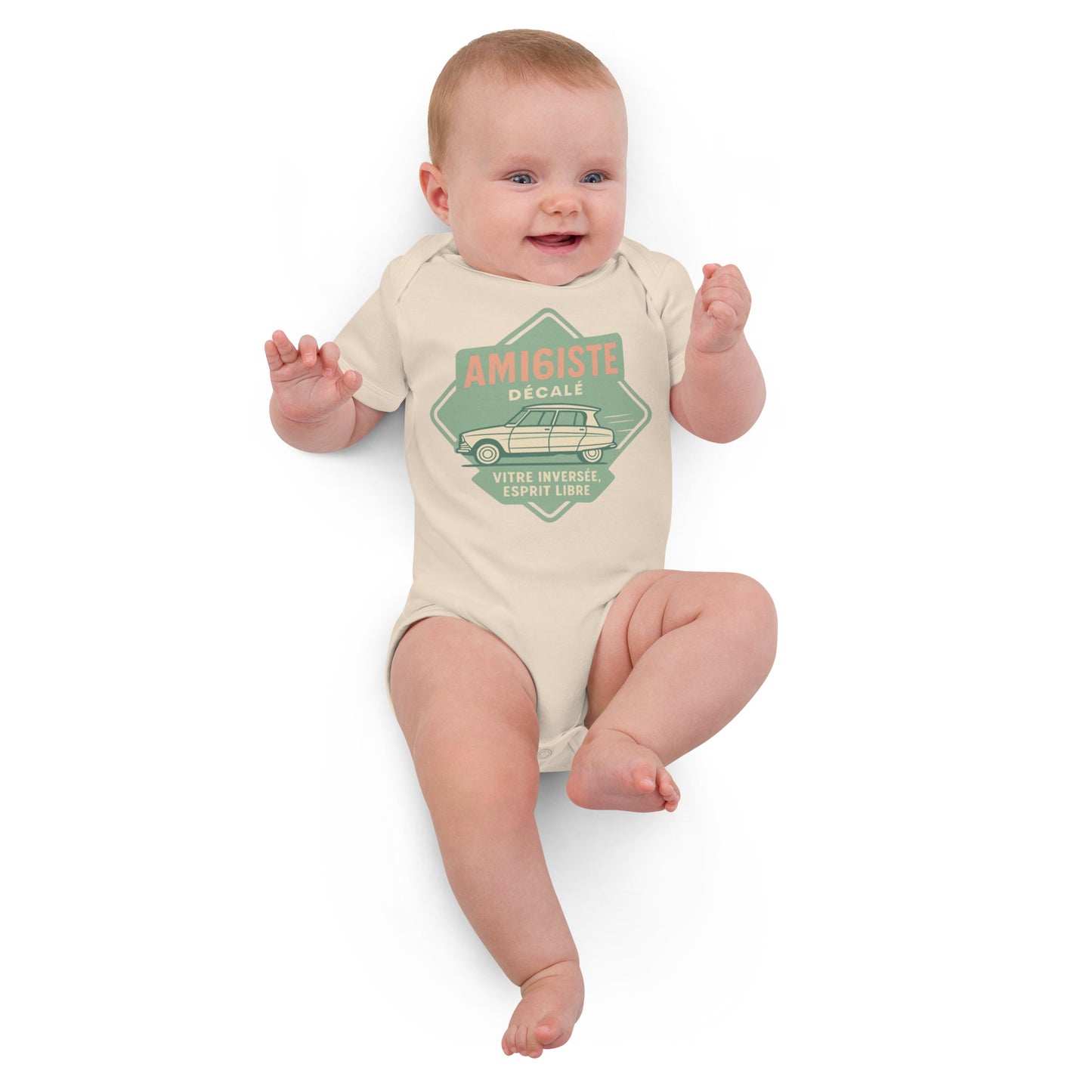 Organic Baby Romper – Citroën Ami 6 “Amigiste Décalé – Vitre Inversé, Esprit Libre”