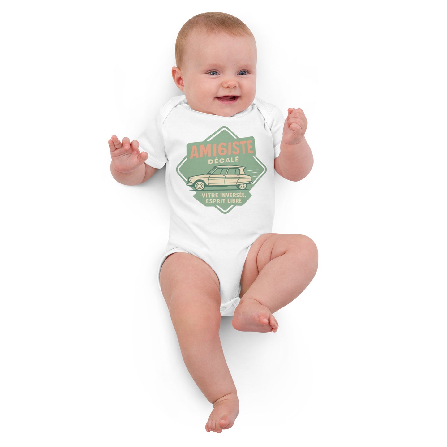 Organic Baby Romper – Citroën Ami 6 “Amigiste Décalé – Vitre Inversé, Esprit Libre”