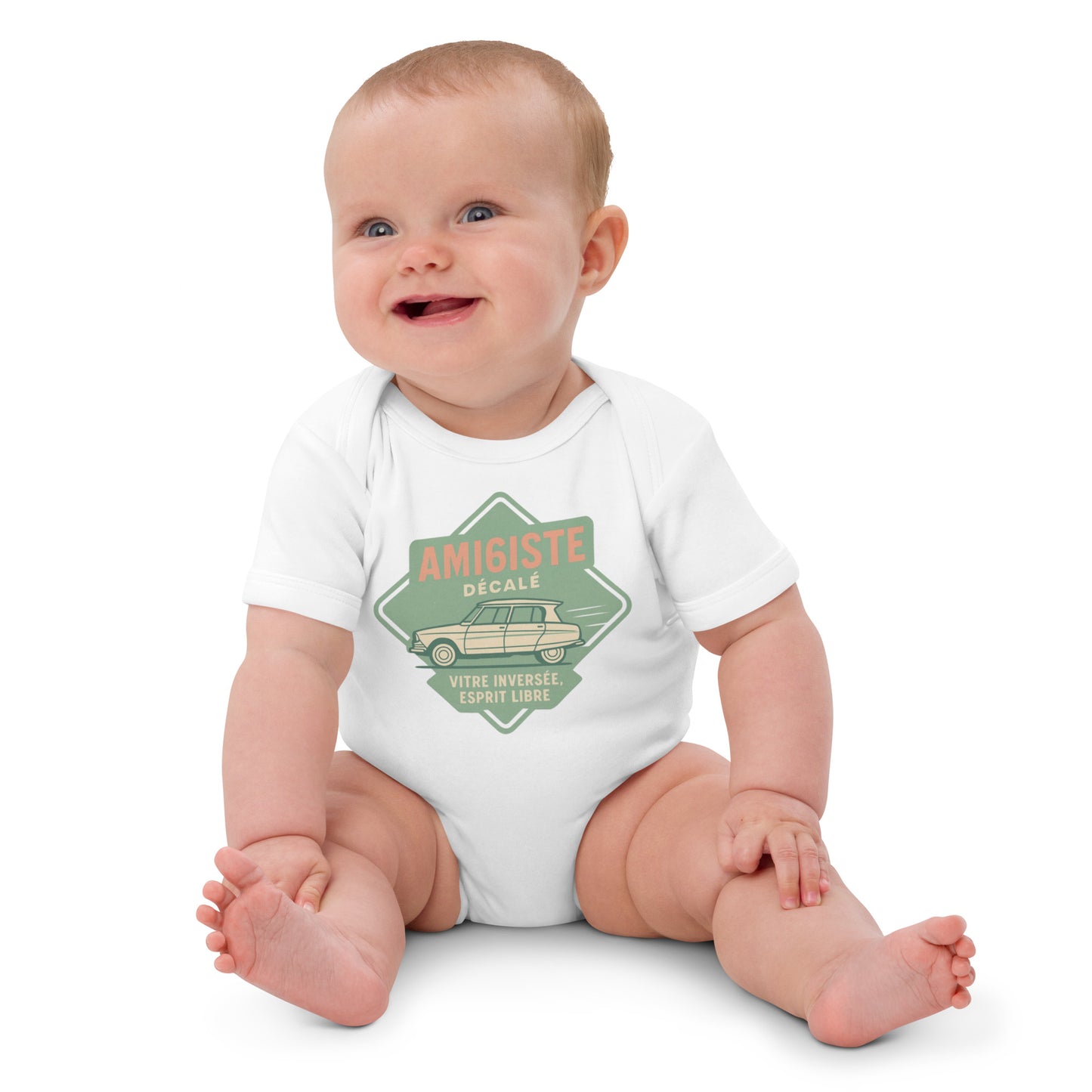 Organic Baby Romper – Citroën Ami 6 “Amigiste Décalé – Vitre Inversé, Esprit Libre”