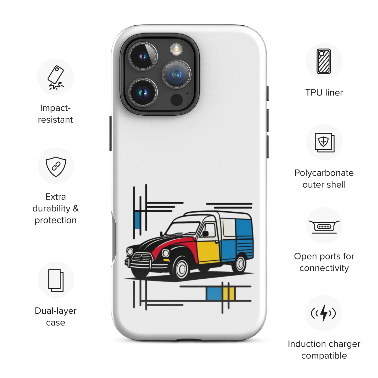 Coque de protection rigide Citroën Acadiane Mondrian pour iPhone® – Coque de téléphone rétro avec illustration artistique