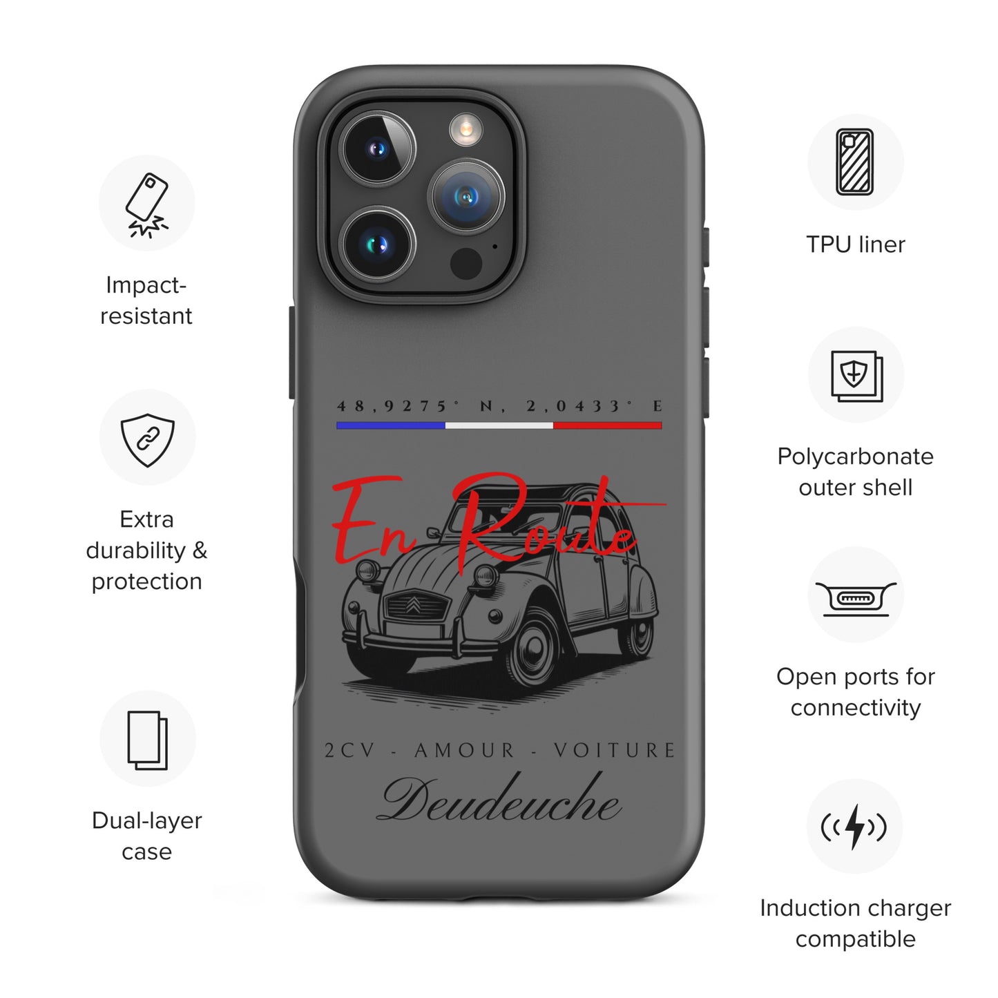 Coque de téléphone iPhone Tough Case – Coque Citroën 2CV « En Route » avec coordonnées