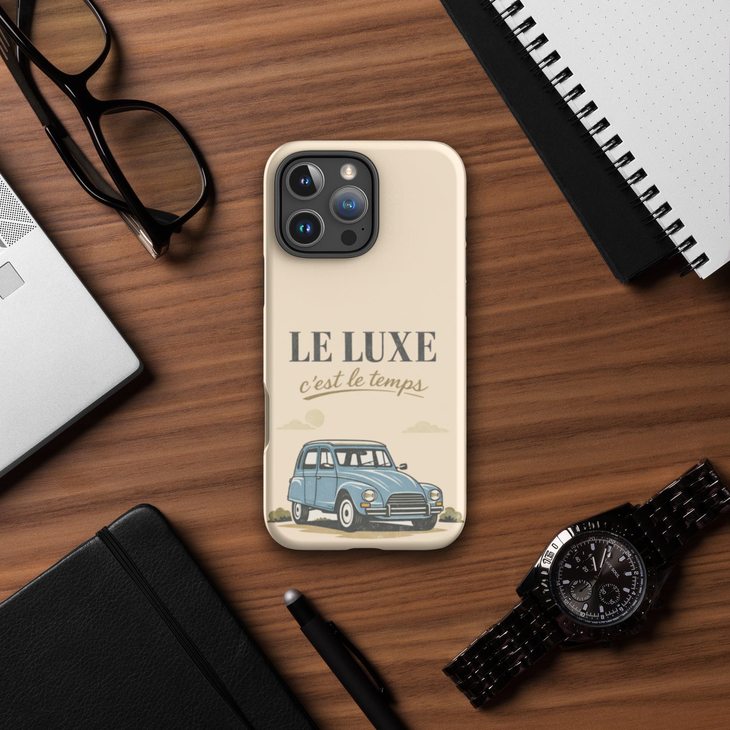Coque de protection iPhone – Illustration Citroën Dyane – Design Voiture Vintage « Le Luxe c’est le temps »