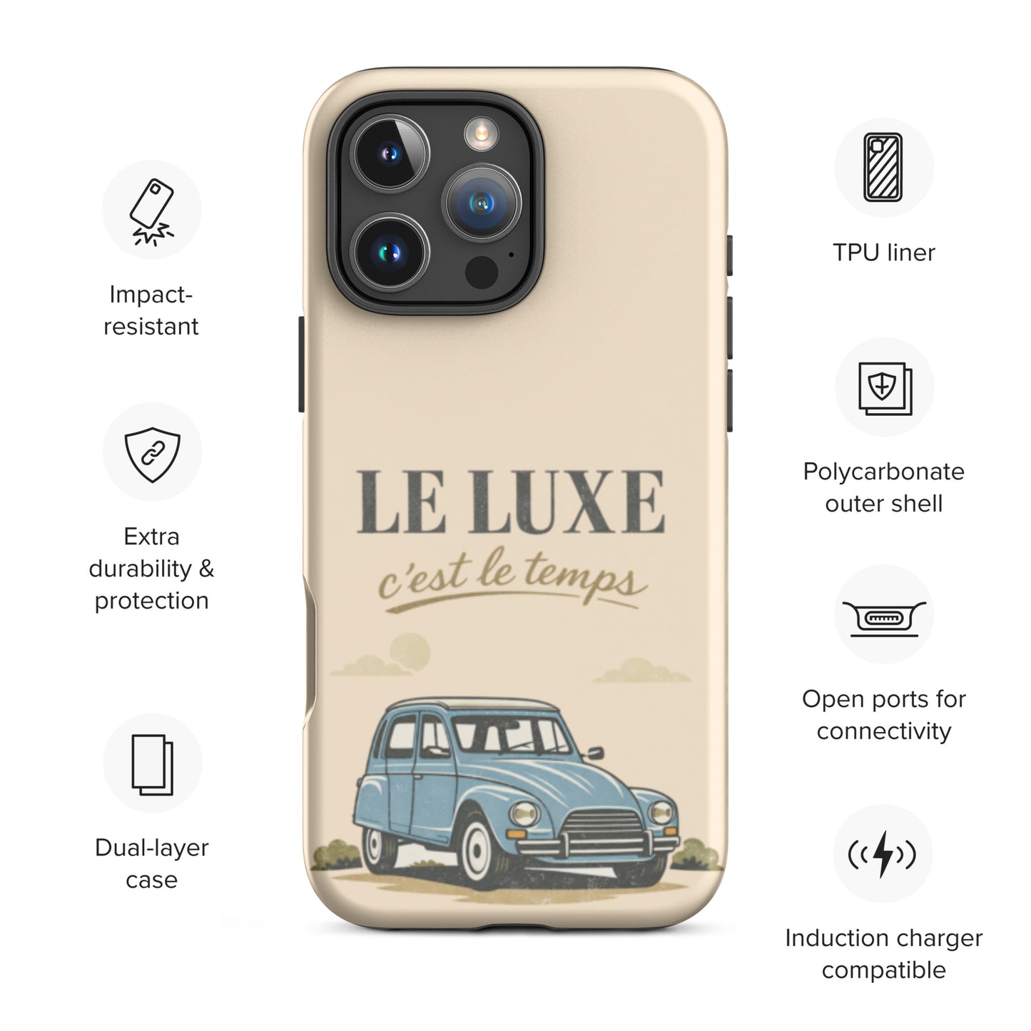 Coque de protection iPhone – Illustration Citroën Dyane – Design Voiture Vintage « Le Luxe c’est le temps »