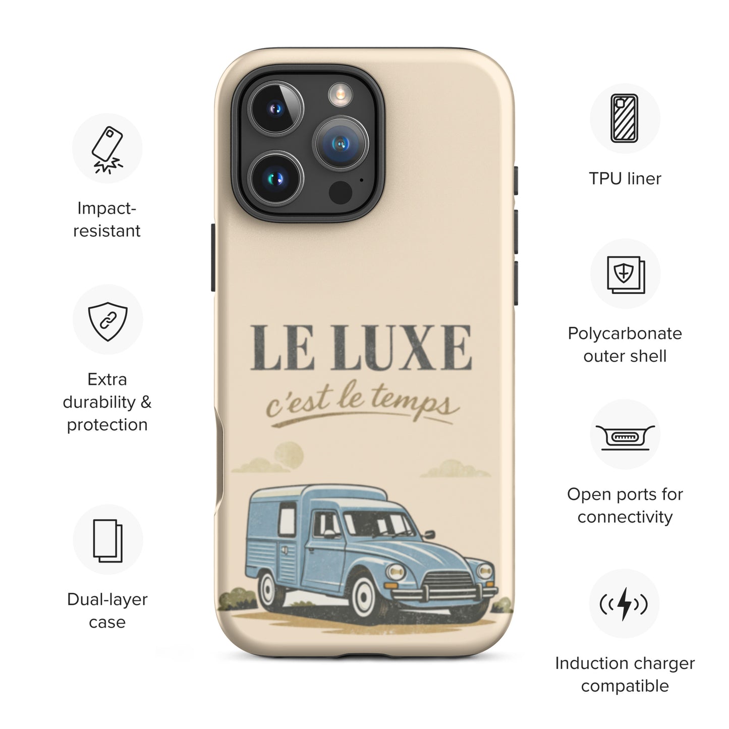 Coque de téléphone iPhone Tough Case – Illustration Citroën Acadiane – Design Voiture Utilitaire Vintage « Le Luxe c’est le temps »