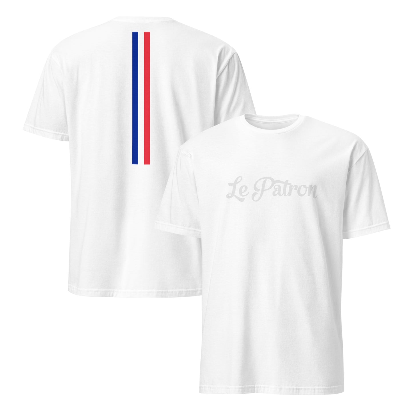 Le Patron Unisex T-shirt with FRENCH FLAG on the BACK is available in Black, Navy or White