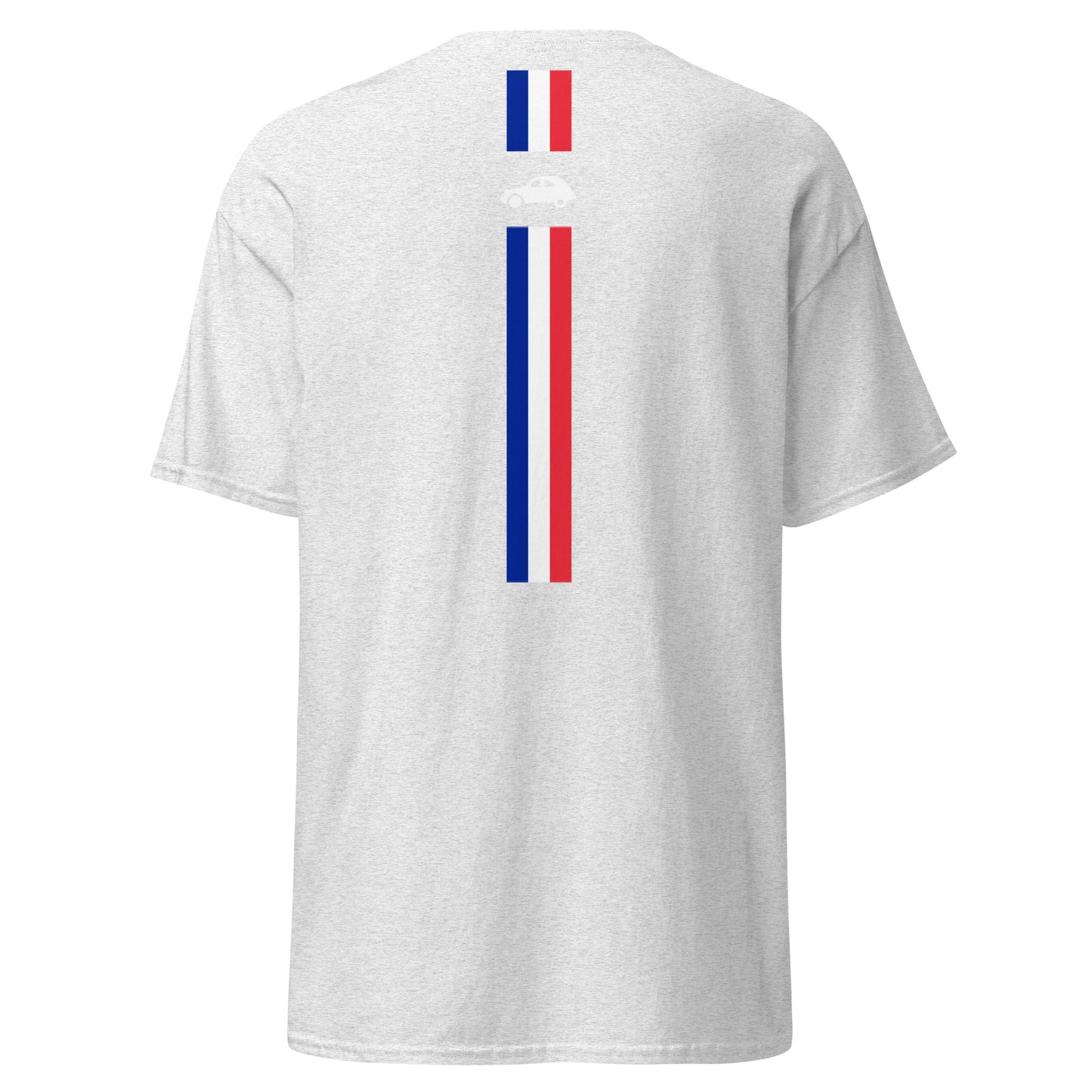 Un T-shirt L'Aise avec drapeau français & 2cv au DOS disponible en Noir, Bleu Marine ou Gris