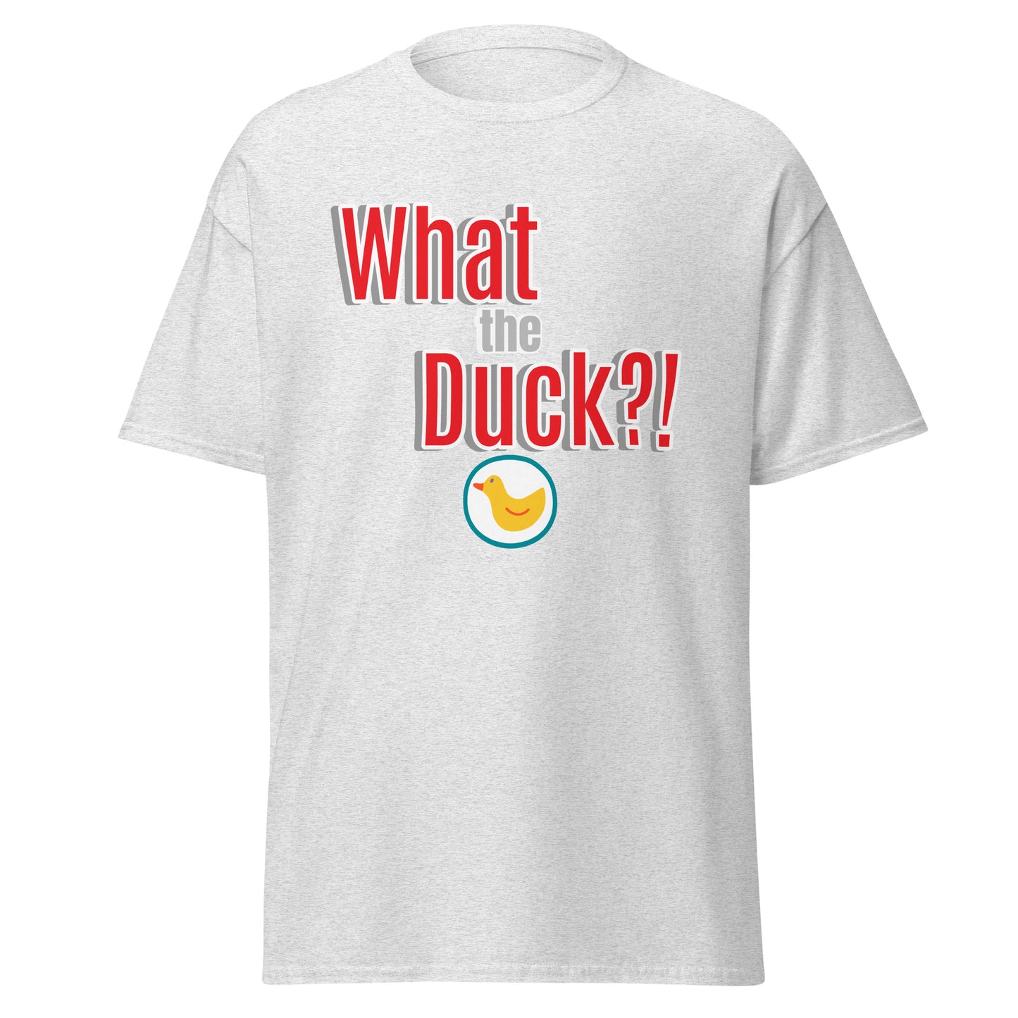 T-shirt What the Duck?! disponible en noir, bleu marine, orange, jaune, gris ou blanc