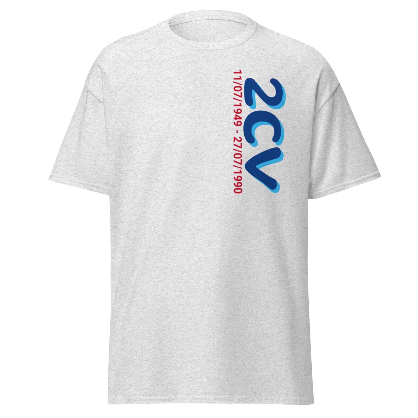 T-shirt met de productieperiode van de Citroën 2cv verkrijgbaar in Zwart, Navy, Zand, Grijs of Wit