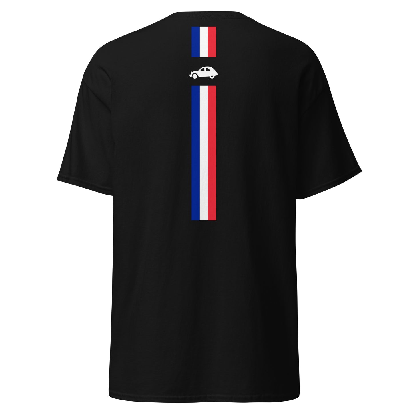 Un T-shirt L'Aise avec drapeau français & 2cv au DOS disponible en Noir, Bleu Marine ou Gris