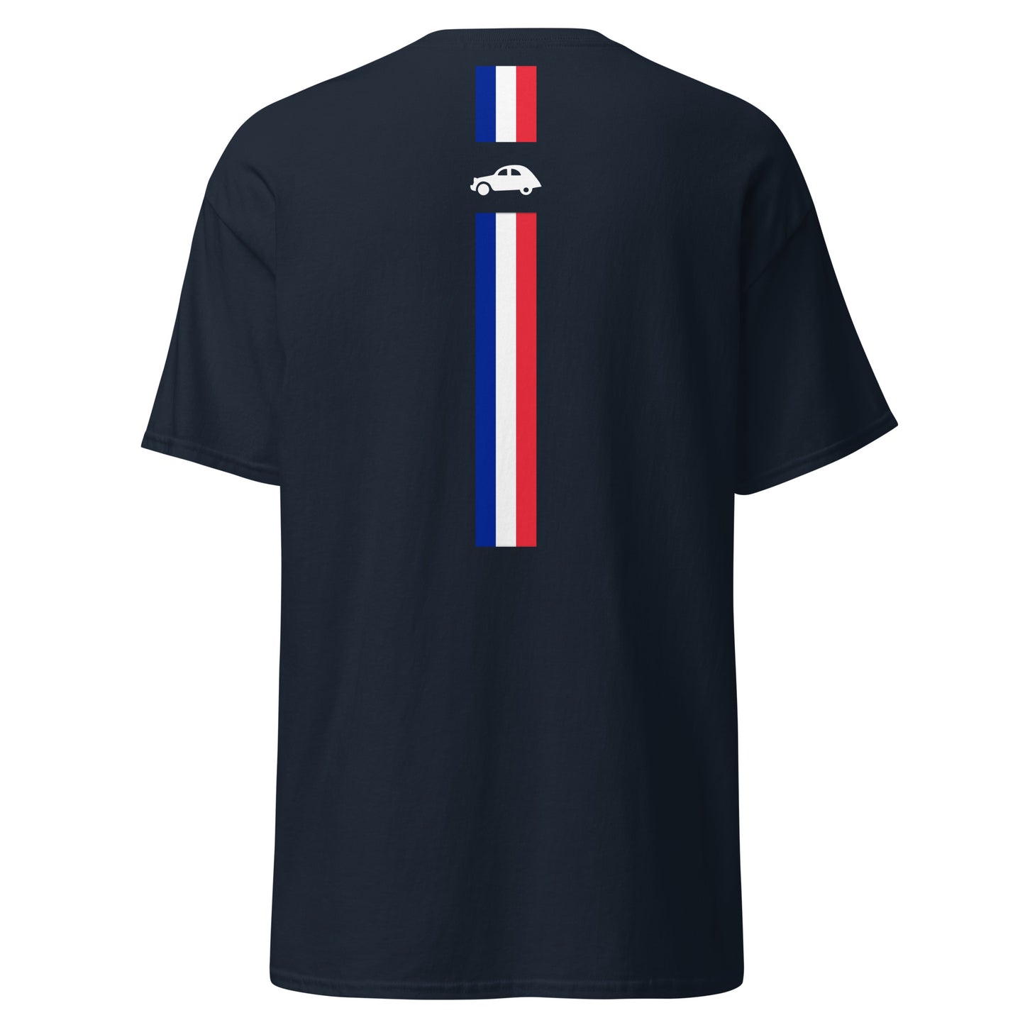 Un T-shirt L'Aise avec drapeau français & 2cv au DOS disponible en Noir, Bleu Marine ou Gris