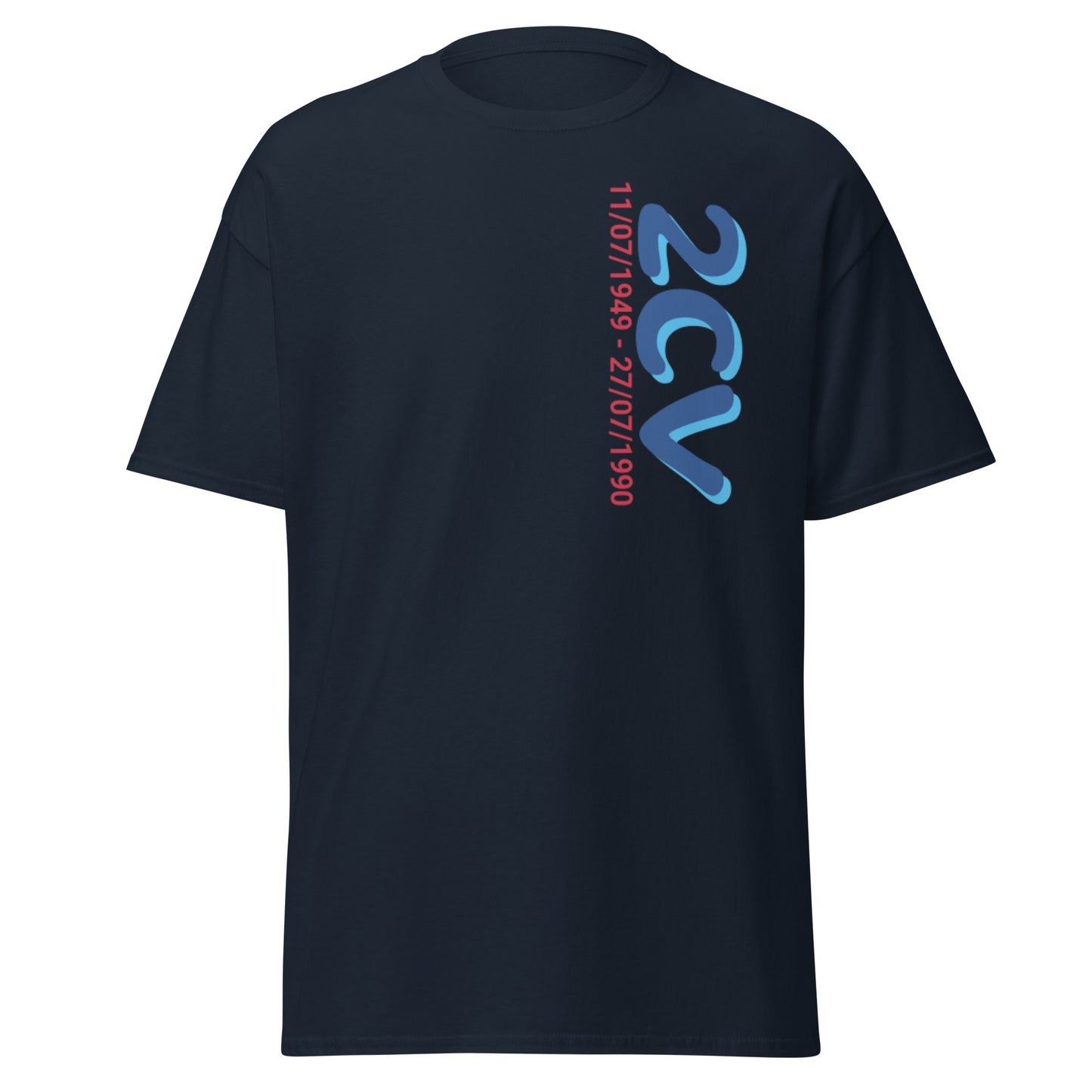 T-shirt met de productieperiode van de Citroën 2cv verkrijgbaar in Zwart, Navy, Zand, Grijs of Wit