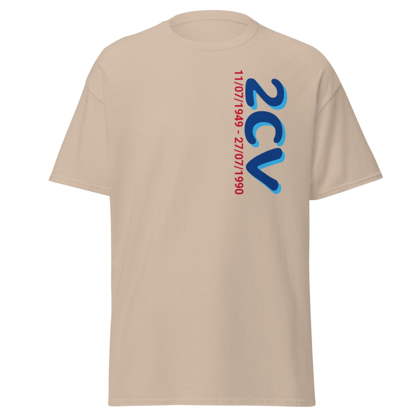 T-shirt met de productieperiode van de Citroën 2cv verkrijgbaar in Zwart, Navy, Zand, Grijs of Wit