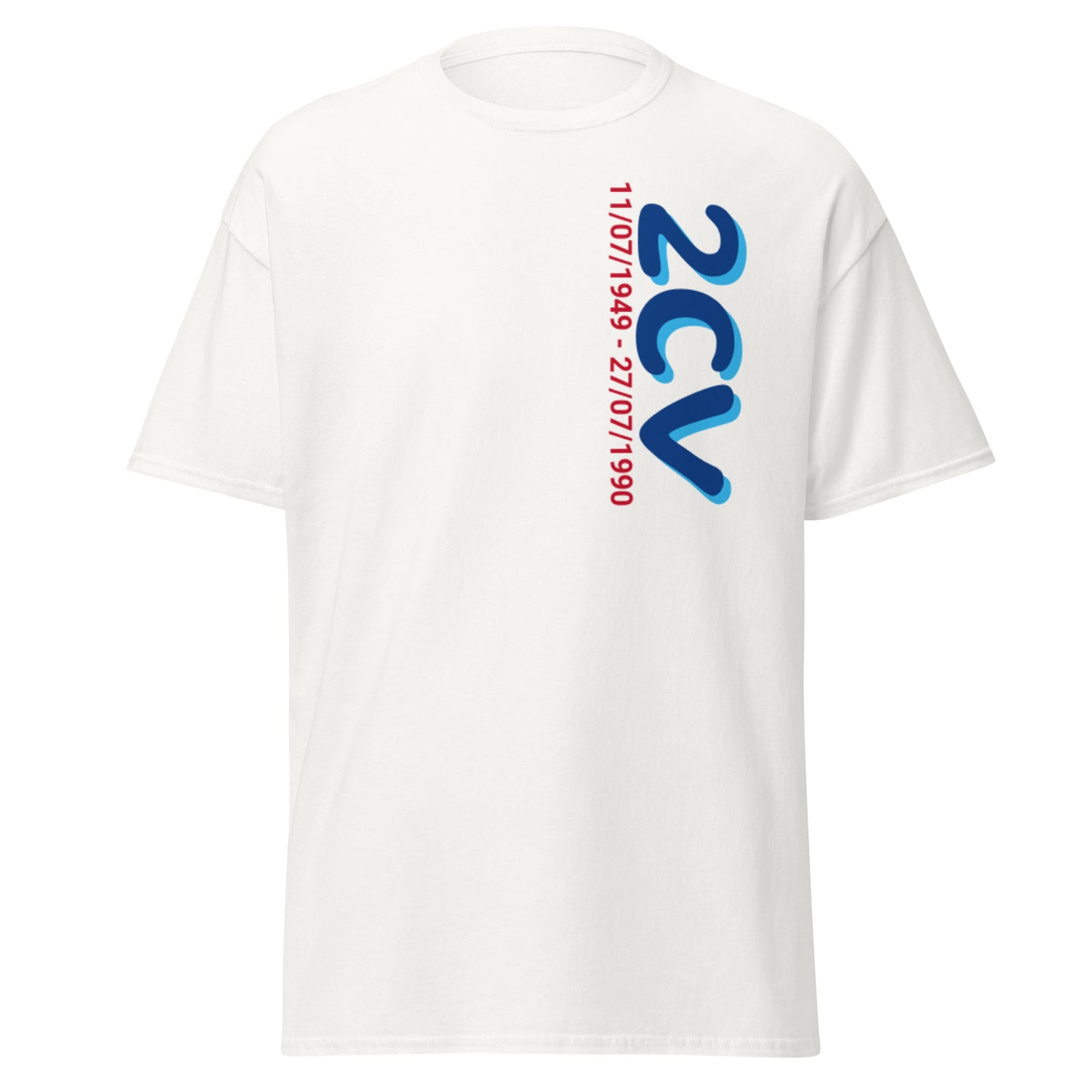 T-shirt met de productieperiode van de Citroën 2cv verkrijgbaar in Zwart, Navy, Zand, Grijs of Wit