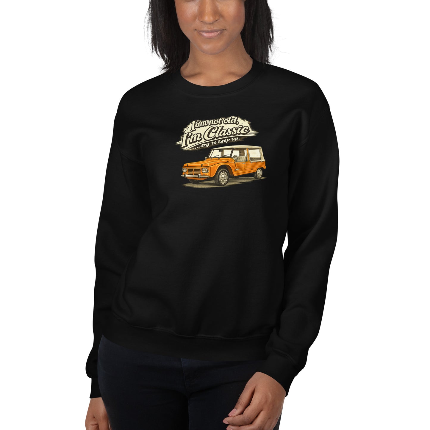 Sweat-shirt Collection Classique – Illustration Vintage Citroën Méhari Orange | « Je ne suis pas vieux, je suis classique »