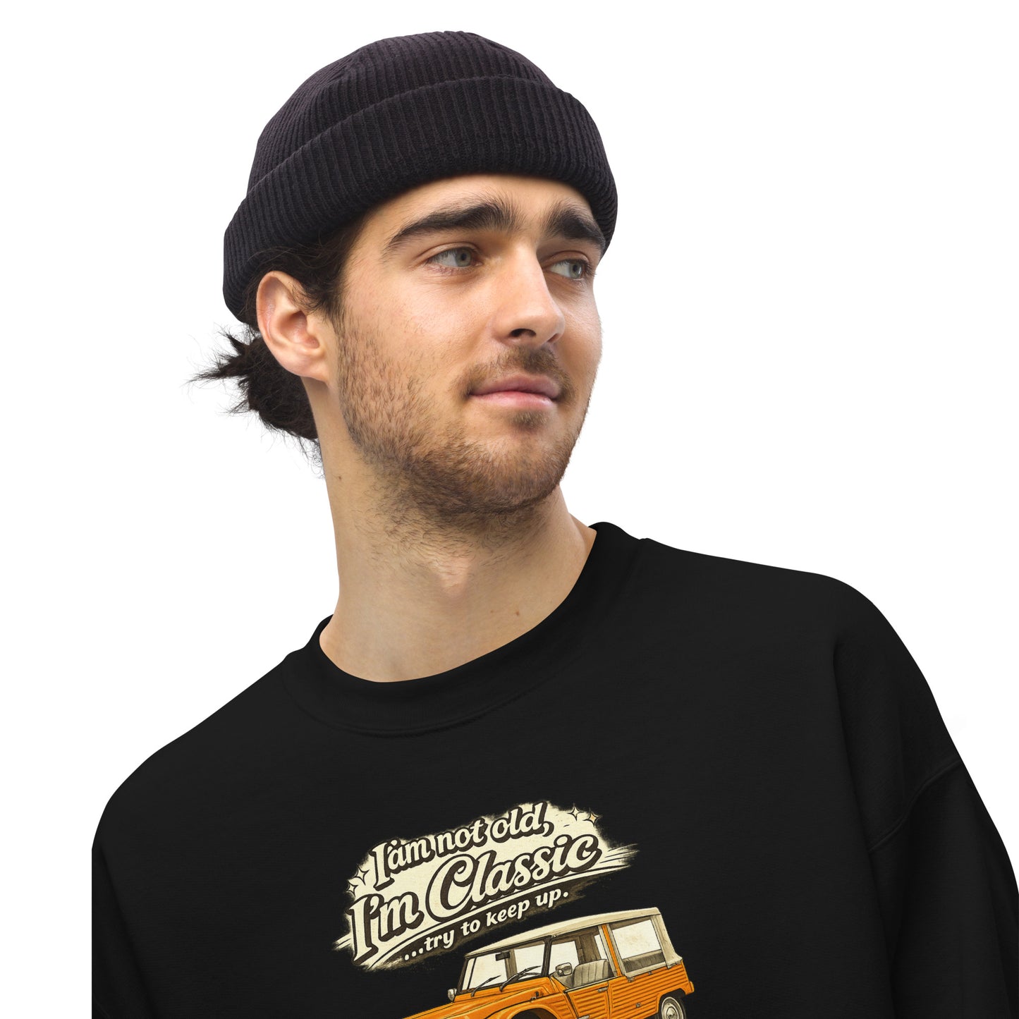 Sweat-shirt Collection Classique – Illustration Vintage Citroën Méhari Orange | « Je ne suis pas vieux, je suis classique »