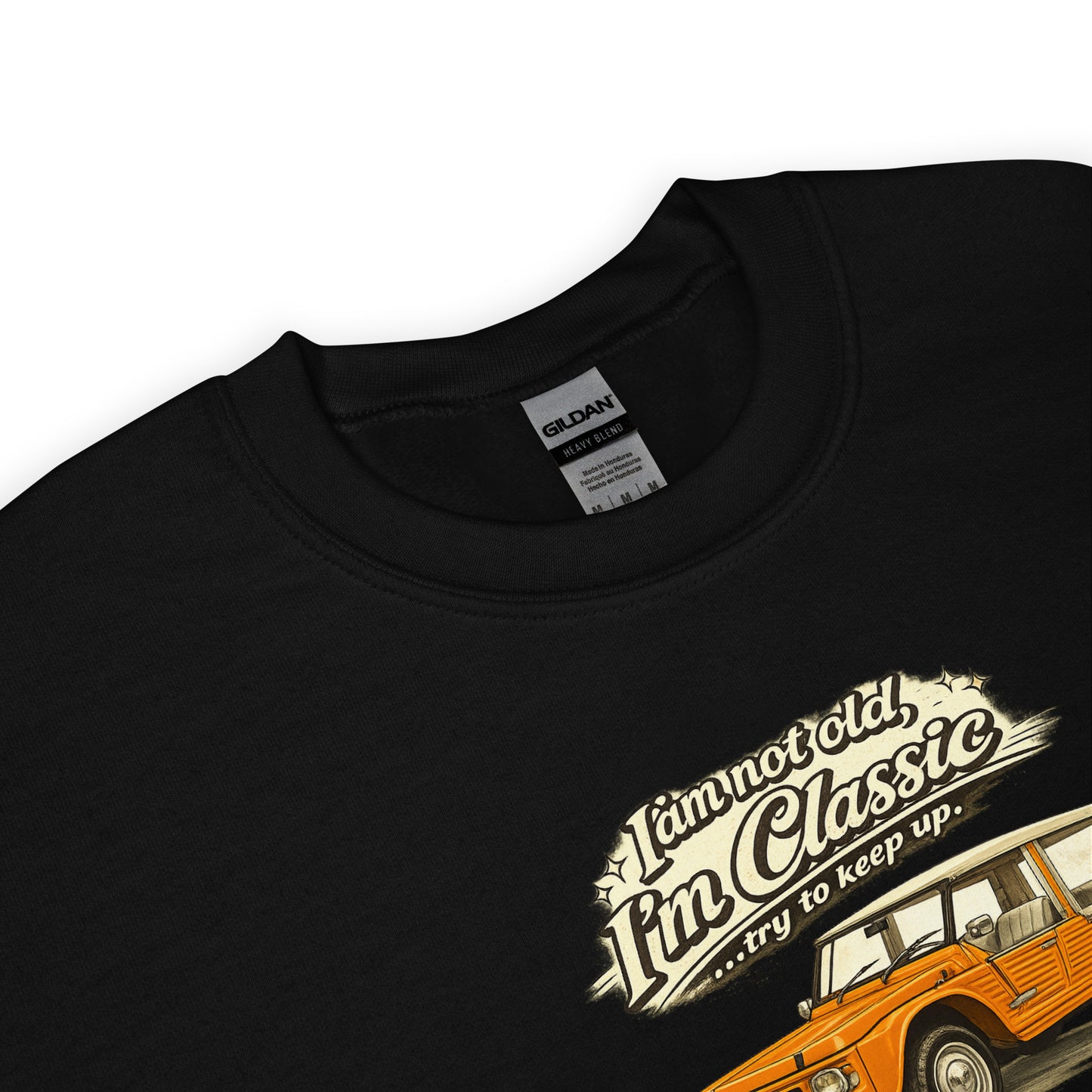 Sweat-shirt Collection Classique – Illustration Vintage Citroën Méhari Orange | « Je ne suis pas vieux, je suis classique »