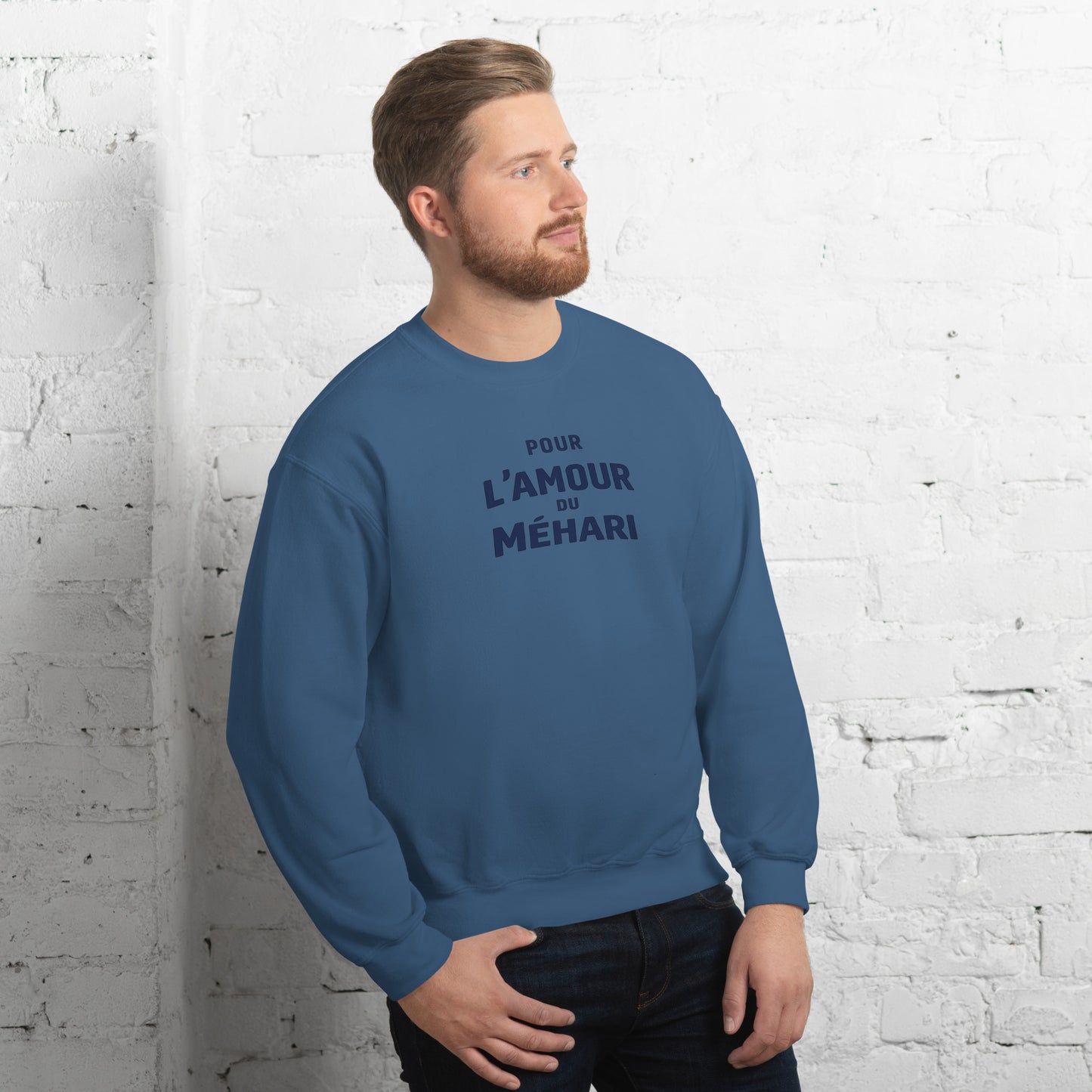 Sweat-shirt « Pour L’Amour du Méhari » – Col rond unisexe avec impression typographique épurée