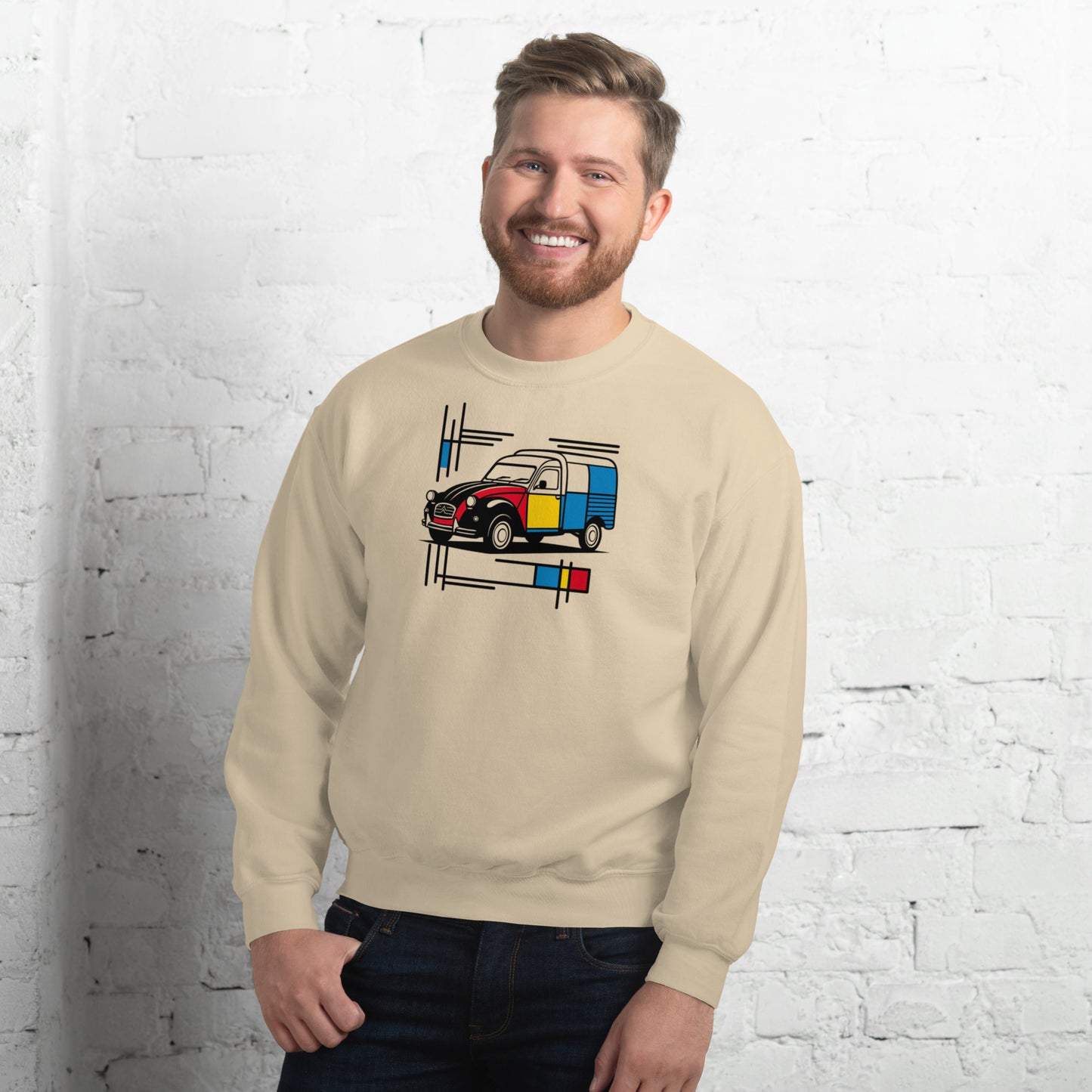 Mondrian Sweatshirt – Citroën 2CV Fourgonnette | Warm unisex design with artistic flair