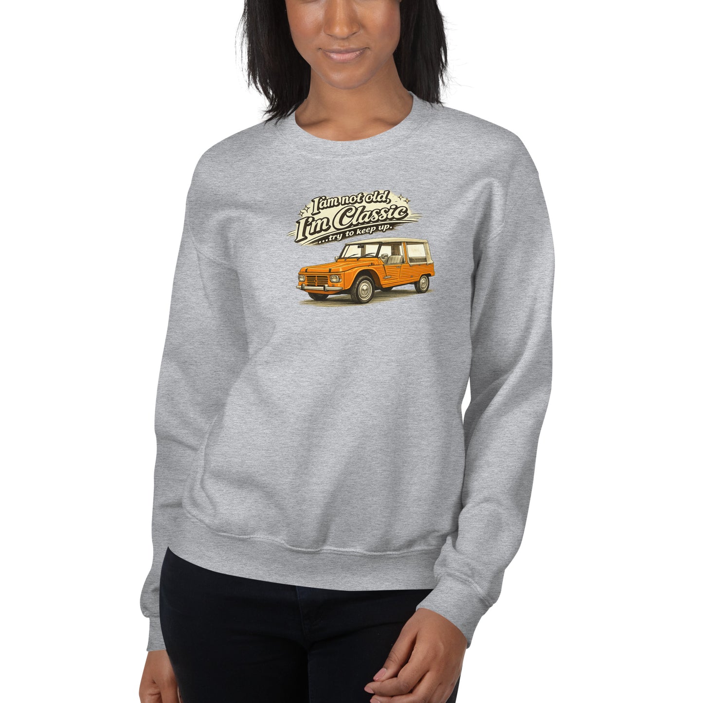 Sweat-shirt Collection Classique – Illustration Vintage Citroën Méhari Orange | « Je ne suis pas vieux, je suis classique »
