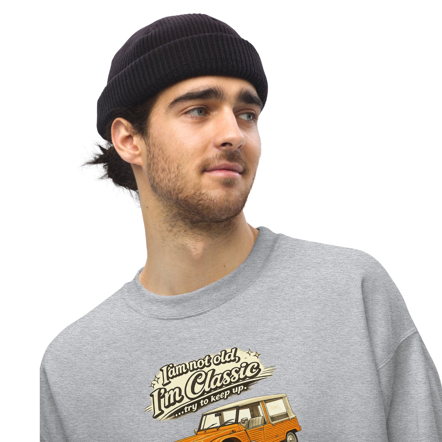 Sweat-shirt Collection Classique – Illustration Vintage Citroën Méhari Orange | « Je ne suis pas vieux, je suis classique »