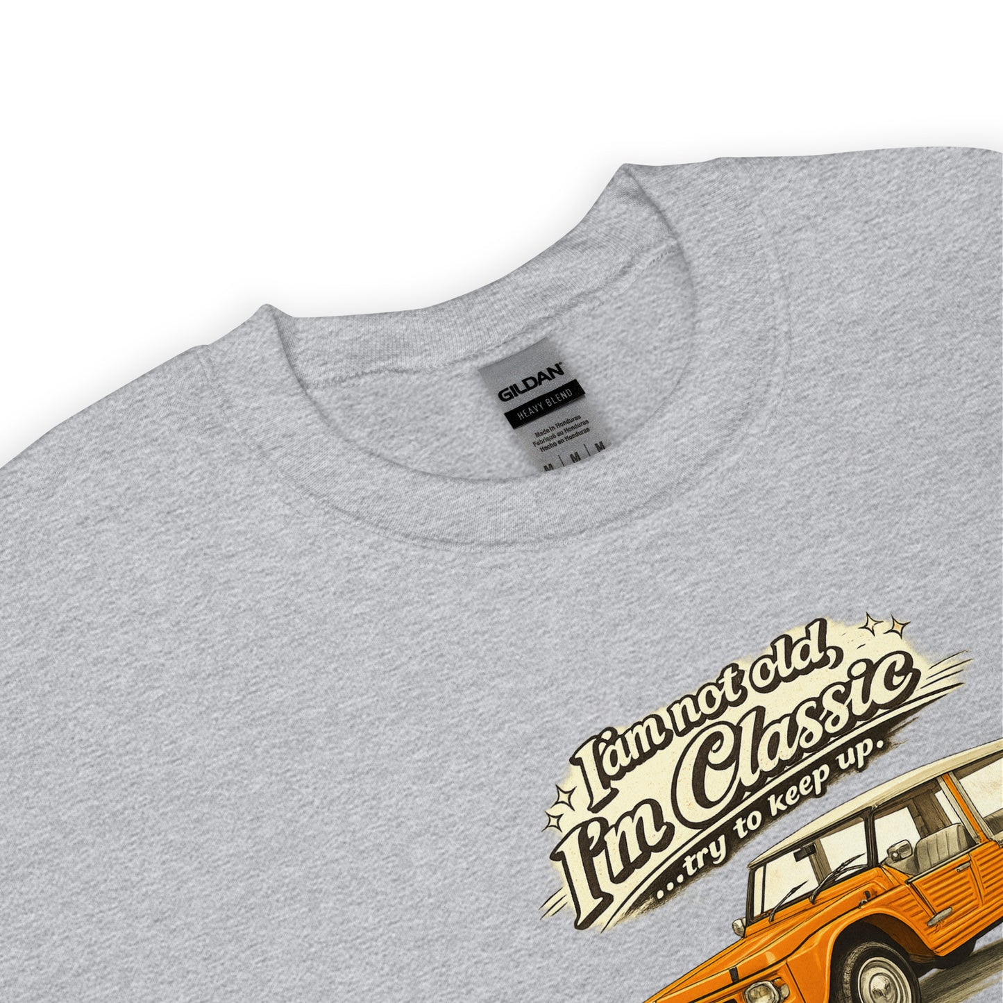 Sweat-shirt Collection Classique – Illustration Vintage Citroën Méhari Orange | « Je ne suis pas vieux, je suis classique »