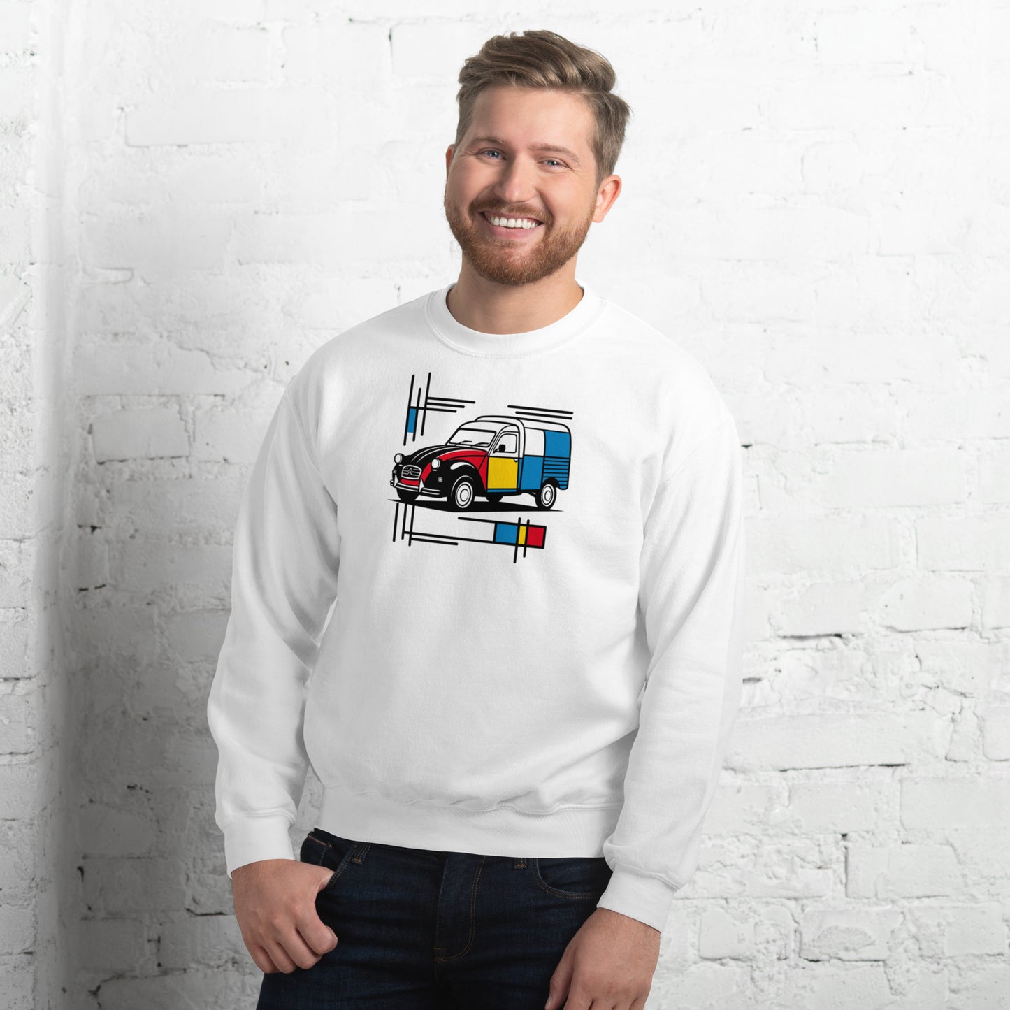 Mondrian Sweatshirt – Citroën 2CV Fourgonnette | Warm unisex design with artistic flair